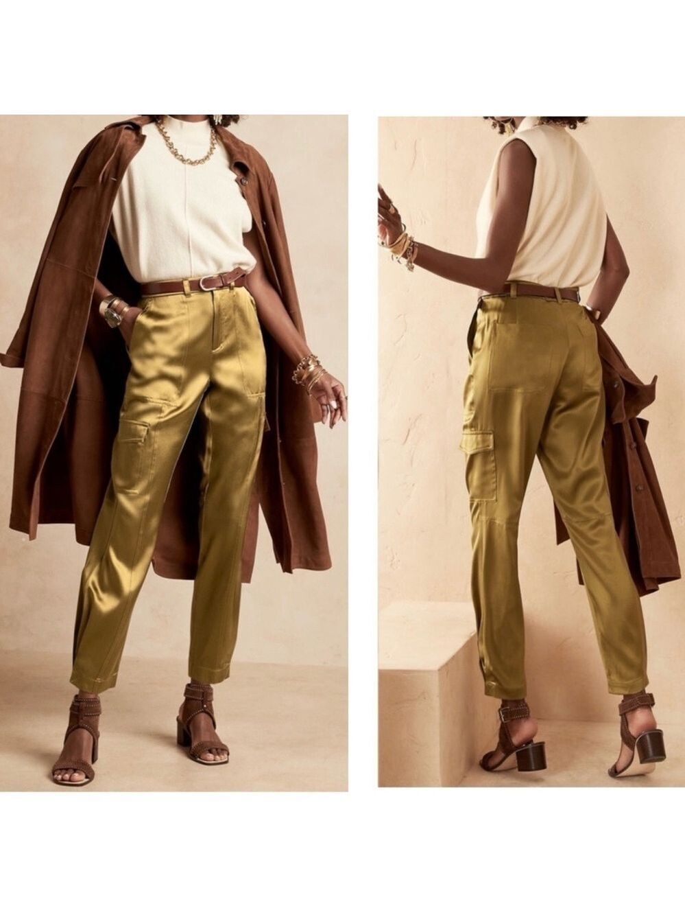 Banana Republic Allure 100% silk cargo pants in olive green Sz 6 NWOT classy